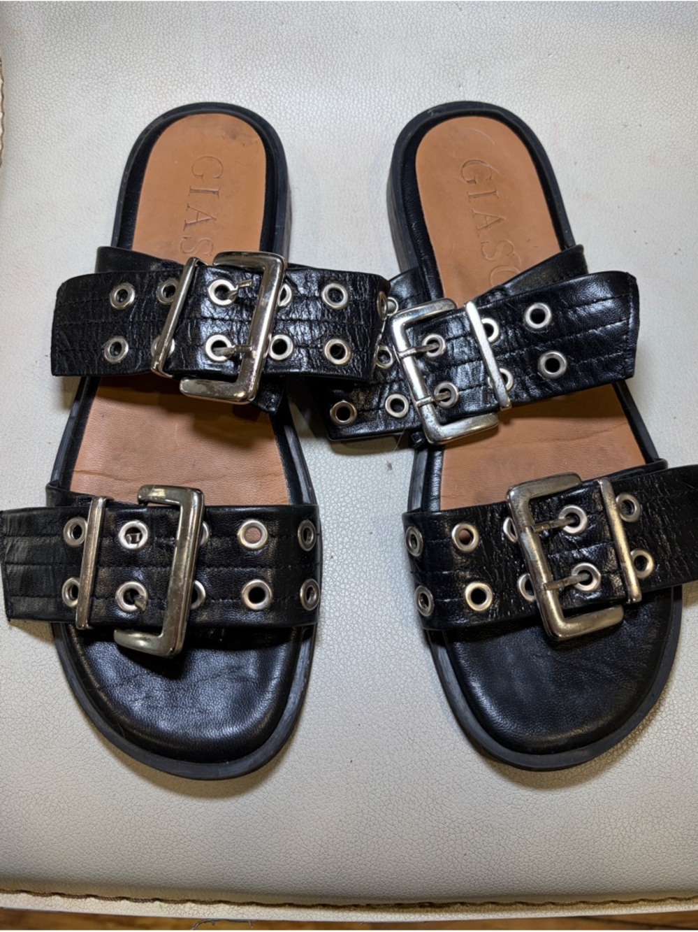 GIASONE | black leather double strap sandals womens size 8